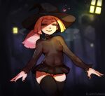  1girl absurdres artist_name bangs black_nails black_skirt black_thighhighs blonde_hair blurry blurry_background blush breasts brown_shirt covered_collarbone covered_nipples cowboy_shot fluffydango freckles green_eyes groin half-closed_eyes halloween heart highres lamp lillie_(pokemon) long_sleeves microskirt nail_polish nipples pleated_skirt pokemon ponytail pussy shirt skirt small_breasts thighhighs witch 