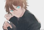  1boy aqua_eyes black_sweater brown_hair hair_between_eyes hand_to_own_face looking_at_viewer male_focus original short_hair simple_background sleeves_past_wrists smile solo suitei sweater turtleneck turtleneck_sweater upper_body white_background 