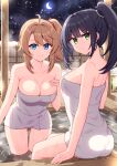  2girls :/ ahoge arm_at_side ass_visible_through_thighs bangs bare_arms bare_shoulders black_hair blue_eyes breast_suppress breasts brown_hair cleavage closed_mouth commentary_request crescent_moon fence from_side green_eyes hair_flaps hair_ornament hair_scrunchie hand_on_own_chest highres large_breasts long_hair looking_at_viewer melonbooks moon multiple_girls naked_towel night night_sky onsen original outdoors pillar red_scrunchie ripples scrunchie shoulder_blades side_ponytail sidelocks sitting sky smile snow snowing soaking_feet standing star_(sky) starry_sky steam t@ke-g thighs towel v-shaped_eyebrows wading water wet white_towel winter wooden_fence 