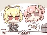  2girls :d :t ahoge andou_tazusa apron artist_name assault_lily bangs black_ribbon blonde_hair blush brown_background chibi closed_mouth clover collared_shirt commentary_request cooking cropped_jacket eating food food_on_face four-leaf_clover gochisousama_(tanin050) hair_between_eyes hair_ribbon hands_up high_ponytail hitotsuyanagi_riri holding holding_food juliet_sleeves kappougi long_sleeves looking_at_viewer motion_lines multiple_girls one_side_up onigiri parted_lips pink_eyes pink_hair plate ponytail puffy_sleeves red_eyes ribbon rice rice_on_face school_uniform shirt short_hair smile solid_circle_eyes table translated two-tone_background upper_body white_apron white_background white_shirt yurigaoka_girls_academy_school_uniform 