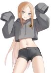  1girl abigail_williams_(fate) absurdres bangs black_shorts blonde_hair blue_eyes blush bow breasts cropped_sweater drawstring fate/grand_order fate_(series) forehead grey_sweater grin highres hood hooded_sweater kopaka_(karda_nui) long_hair looking_at_viewer midriff navel orange_bow parted_bangs short_shorts shorts sidelocks sleeves_past_fingers sleeves_past_wrists small_breasts smile solo stomach sweater thighs 