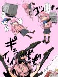  4girls ^_^ ahoge black_socks blonde_hair blue_hair bocchi_the_rock! brown_footwear chainsaw_devil chainsaw_man closed_eyes commentary cube_hair_ornament denji_(chainsaw_man) gotou_hitori grey_skirt ground_vehicle hair_between_eyes hair_ornament highres ijichi_nijika jacket kita_ikuyo loafers long_hair motor_vehicle multiple_girls one_side_up pink_background pink_hair pink_jacket pleated_skirt pochita_(chainsaw_man) red_hair run_over rurushu_ki_san season_connection shoes simple_background skirt sleeping socks track_jacket truck truck-kun yamada_ryou yellow_eyes zzz 