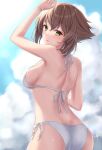  1girl alternate_costume ass bikini blue_sky breasts brown_hair cloud flipped_hair green_eyes highres kantai_collection medium_breasts monoku mutsu_(kancolle) short_hair side-tie_bikini_bottom sky solo swimsuit white_bikini 