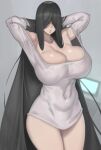  1girl :o absurdres arms_behind_head arms_up bangs black_hair breasts cleavage collarbone commentary dress english_commentary grey_background hair_over_eyes highres huge_breasts kelvin_hiu long_hair long_sleeves microdress navel off-shoulder_dress off_shoulder parted_lips short_dress simple_background solo standing the_ring very_long_hair white_dress yamamura_sadako 