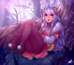  1girl :d ahoge alternate_eye_color artist_name ass bangs blush braid curled_horns flower fur_trim gloves grass grey_hair hair_between_eyes hair_flower hair_ornament horns japanese_clothes kindred_(league_of_legends) lamb_(league_of_legends) league_of_legends long_hair official_alternate_costume official_alternate_hairstyle open_mouth outdoors pants pink_gloves pink_pants purple_hair shiny shiny_hair side_braid smile spirit_blossom_(league_of_legends) spirit_blossom_kindred starli_(starlianechan) teeth tree twin_braids upper_teeth 