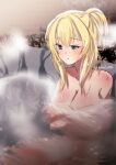  1girl bathing blonde_hair blue_eyes breasts cleavage commentary_request covering covering_breasts kantai_collection kimura_shiki large_breasts long_hair nude one-hour_drawing_challenge onsen partially_submerged ponytail ripples solo steam warspite_(kancolle) water 