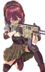  1girl blurry boots brown_hair camouflage depth_of_field elbow_pads fingerless_gloves gloves green_eyes gun headset highres holding holding_gun holding_weapon jagi_(jagi_souken) knee_pads kriss_vector nail_polish one_knee school_uniform solo submachine_gun suppressor thighhighs toki_ayano weapon white_background yurucamp 