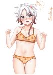  1girl =3 akishimo_(kancolle) asymmetrical_hair blush bra breasts brown_hair cleavage clenched_hands cowboy_shot floral_print gradient_hair grey_eyes hair_ornament highres ishida_arata kantai_collection leaf_hair_ornament medium_breasts multicolored_hair navel orange_bra orange_panties panties short_hair short_hair_with_long_locks simple_background solo thigh_gap underwear white_background 