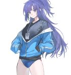  1girl bangs black_shirt blue_archive blue_buruma blue_jacket buruma echj gym_uniform highres id_card jacket lanyard long_hair multicolored_clothes multicolored_jacket off_shoulder official_alternate_costume open_clothes open_jacket parted_bangs partially_unzipped purple_eyes purple_hair shirt sportswear standing star_sticker sticker_on_face track_jacket two-tone_jacket two_side_up yuuka_(blue_archive) yuuka_(gym_uniform)_(blue_archive) 