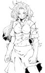  1girl :q abs absurdres breasts closed_mouth fe_(tetsu) groin highres himemushi_momoyo large_breasts long_hair looking_at_viewer monochrome navel shirt short_sleeves simple_background skirt solo tongue tongue_out torn_clothes torn_shirt torn_skirt touhou 