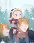  1girl 2boys bangs blue_eyes ethylene_ty forehead genshin_impact gloves hair_between_eyes hat highres long_sleeves male_child male_focus multiple_boys open_mouth orange_hair scarf short_hair tartaglia_(genshin_impact) 