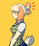 accessory animal_crossing anthro blush canid canine canis clothed clothing domestic_dog female fur green_clothing hair hair_accessory isabelle_(animal_crossing) mammal nintendo patrasche99 pattern_clothing shih_tzu smile solo toy_dog video_games yellow_body yellow_fur 