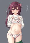  1girl bra breasts brown_hair cleavage clothes_lift cowboy_shot food_print green_skirt grey_background hair_ornament highres ishida_arata kantai_collection kisaragi_(kancolle) long_hair panties print_bra print_panties purple_eyes ribbed_sweater simple_background skirt skirt_removed small_breasts smile solo strawberry_print sweater sweater_lift underwear white_bra white_panties white_sweater 