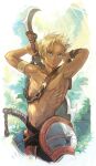  1boy armlet armpits arms_up blonde_hair blue_eyes chain dark_skin day ear_piercing earrings holding holding_weapon jewelry male_focus navel nipples outdoors piercing piyo short_hair solo standing tan toned toned_male weapon 