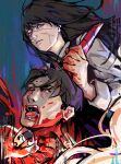  1boy 1girl black_hair blood blood_on_face blood_on_hands chainsaw_man collared_shirt cross_scar dress floating_hair highres holding holding_weapon long_hair looking_at_viewer open_mouth pinafore_dress renshena scar scar_on_cheek scar_on_face screaming severed_head shirt short_hair tanaka_(chainsaw_man) weapon white_shirt yoru_(chainsaw_man) 