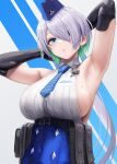  1girl ammunition_pouch armpits arms_behind_head black_gloves blue_eyes blue_headwear blue_necktie breasts brid_(nikke) colored_inner_hair commentary_request covered_navel earrings elbow_gloves eyeshadow garrison_cap gloves goddess_of_victory:_nikke green_hair grey_hair hair_over_one_eye hat highres jewelry large_breasts long_hair looking_at_viewer makeup mole mole_on_breast multicolored_hair necktie parted_lips pouch shiny shiny_hair shirt sideboob sleeveless sleeveless_shirt solo striped_necktie two-tone_hair upper_body yamaneko_(tkdrumsco) 