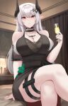  1girl absurdres arknights bed black_choker black_dress breasts choker cleavage commentary crossed_legs cup curtains dress drinking_glass english_commentary from_below grey_hair halter_dress halterneck highres holding holding_cup horns kanta_(kanta_077) large_breasts long_hair looking_at_viewer mudrock_(arknights) mudrock_(obsidian)_(arknights) parted_lips pointy_ears red_eyes sitting solo teeth thigh_pouch thigh_strap thighs 