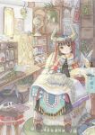  1girl absurdres animal_skull bangs black_eyes book bookshelf braid brown_hair cabinet cat cauldron crystal fujitoma gem highres holding holding_quill horns ink jar loaded_interior original painting_(medium) painting_(object) plant potion quill rock short_hair sitting spine stool suitcase table tassel traditional_clothes traditional_media watercolor_(medium) window 