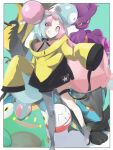  1girl bellibolt bow-shaped_hair character_hair_ornament chinju-san grey_pantyhose hair_ornament hexagon_print iono_(pokemon) jacket mismagius multicolored_hair pantyhose pokemon pokemon_(creature) sharp_teeth single_leg_pantyhose split-color_hair teeth very_long_sleeves x yellow_jacket 