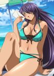  1girl antenna_hair aqua_bikini arm_support bare_arms bare_legs bikini blue_sky breasts cleavage collarbone day floating_hair front-tie_bikini_top front-tie_top grey_eyes hair_over_one_eye halterneck holding holding_letter ikkitousen kan&#039;u_unchou large_breasts letter long_hair multi-strapped_bikini navel ocean outdoors purple_hair shiny shiny_hair shiny_skin side-tie_bikini_bottom sky solo summer swimsuit very_long_hair 