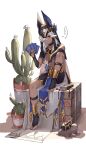  ... 1boy animal_hat bangs beetle black_choker black_headwear bug cactus card choker cyno_(genshin_impact) dark-skinned_male dark_skin egyptian_clothes full_body genshin_impact hair_over_one_eye hat highres holding holding_card long_hair male_focus plant potted_plant red_eyes rock scarab simple_background sitting solo spoken_ellipsis tuanzimiao1 white_background white_hair 