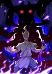  1boy crazy giratina giratina_(origin) highres jewelry kenron_toqueen open_arms pendant pokemon pokemon_(creature) pokemon_(game) pokemon_legends:_arceus red_eyes shadow volo_(pokemon) 