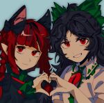  2girls :3 animal_ears bangs black_hair black_shirt braid cat_ears cat_girl chinese_commentary closed_mouth collared_shirt commentary_request frilled_shirt_collar frills grin hailing29396 heart heart_hands heart_hands_duo kaenbyou_rin light_blue_background long_hair long_sleeves multiple_girls red_eyes red_hair reiuji_utsuho shirt short_sleeves simple_background smile touhou twin_braids white_shirt 