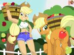  apple applejack_(mlp) bucket censored_pussy container convenient_censorship duo equestria_girls female female/female feral friendship_is_magic hair hasbro hi_res human looking_at_viewer mammal moon_pearl my_little_pony ponytail self_paradox succubi_samus 