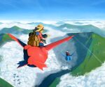  1boy 1girl above_clouds alternate_costume backpack bag blue_pants blue_sky brendan_(pokemon) brown_eyes brown_hair cloud commentary_request day english_commentary flying from_behind full_body hand_up happy hat holding holding_map latias latios looking_back map may_(pokemon) medium_hair mixed-language_commentary mountain mountainous_horizon open_mouth outdoors pants plaid plaid_shirt pokemon pokemon_(creature) pokemon_(game) pokemon_rse red_shirt riding shirt silhouette sitting sky smile taillow uroko_(rwde4544) yellow_headwear 