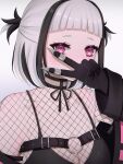  1girl absurdres belt black_gloves black_hair bra covered_mouth covering_mouth fishnet_top fishnets gloves gradient gradient_background hand_on_own_face hand_to_own_mouth highres jacket jewelry necklace neon_kuroyuri neon_kuroyuri_(artist) open_clothes open_jacket pink_eyes underwear upper_body v virtual_youtuber wactor_production white_hair 