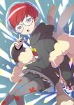  1girl :o backpack bag black-framed_eyewear blue_hair blush brown_bag commentary_request eyelashes glasses grey_eyes grey_pantyhose holding holding_poke_ball hood hood_down hoodie krono_tokage long_sleeves multicolored_hair open_mouth pantyhose penny_(pokemon) poke_ball poke_ball_(basic) poke_ball_print pokemon pokemon_(game) pokemon_sv red_hair round_eyewear see-through see-through_skirt shorts shorts_under_skirt skirt solo two-tone_hair 