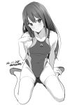  1girl baba_arumi competition_swimsuit greyscale idolmaster idolmaster_cinderella_girls idolmaster_cinderella_girls_starlight_stage long_hair monochrome one-piece_swimsuit shibuya_rin signature sitting sketch swimsuit thighhighs wariza 