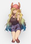  1girl absurdres artist_name bare_arms bare_shoulders baseball_cap black_tank_top blonde_hair blue_hair blue_shorts blush breasts cropped_legs dated dragon_girl dragon_horns gradient_hair green_eyes green_hair hair_between_eyes hair_over_shoulder hair_tucking half-closed_eye hand_up hat highres horns huge_breasts kobayashi-san_chi_no_maidragon legs_together looking_at_viewer lucoa_(maidragon) mel_mei multicolored_hair numbered one_eye_closed shorts simple_background solo standing tank_top twitter_username white_background 