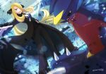  1girl :d black_coat black_pants blonde_hair blue_eyes breasts cleavage coat cynthia_(pokemon) dutch_angle fur-trimmed_sleeves fur_trim garchomp hair_ornament hair_over_one_eye hand_on_hip highres long_hair long_sleeves looking_at_viewer open_clothes open_coat outstretched_arm pants photoshop_(medium) pokemon pokemon_(creature) pokemon_(game) pokemon_dppt sawarabi_(sawarabi725) signature smile solo standing very_long_hair 