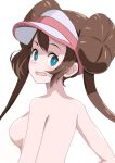  1girl absurdres bangs blue_eyes breasts brown_hair double_bun floating_hair from_behind hair_bun highres long_hair looking_at_viewer looking_back medium_breasts nude open_mouth pokemon pokemon_(game) pokemon_bw2 rosa_(pokemon) shiny shiny_hair shiny_skin sideboob simple_background solo tabo_(q4bhqfyxi8zrqlm) upper_body visor_cap white_background 