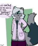  absurd_res anthro big_tail breasts cleavage clothed clothing coat dialogue digital_media_(artwork) domestic_ferret female femlumi(fylumi) fluffy fylumi genitals green_eyes grey_body hair hi_res hybrid inner_boob lab_coat legwear looking_at_viewer mammal mustela mustelid musteline partially_clothed pink_clothing procyonid purple_clothing purple_legwear purple_thigh_highs pussy raccoon shaded simple_background simple_coloring simple_eyes simple_face simple_nose simple_shading solo solo_focus solo_in_panel speech_bubble suggestive_look talking_to_viewer thigh_highs topwear true_musteline white_hair 