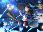  1girl :d absurdres belt black_hair black_headwear black_shorts black_thighhighs blue_footwear blurry blurry_foreground broom broom_riding crop_top hat highres kurata_color midriff navel night open_mouth rinwell_(tales) short_hair short_shorts shorts sky smile solo star_(sky) starry_sky stomach tales_of_(series) tales_of_arise thighhighs witch witch_hat yellow_eyes zettai_ryouiki 