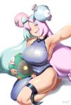  1girl absurdres bellibolt bodysuit bow-shaped_hair breasts character_hair_ornament hair_ornament hexagon_print highres iono_(pokemon) large_breasts latex pokemon pokemon_(game) pokemon_sv simple_background skin_tight slush5244 solo white_background x 