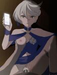  1boy 1girl bare_shoulders blue_dress blush breast_grab breasts cellphone clothing_aside collarbone crotch cum cum_in_pussy dress grabbing grey_eyes gundam gundam_suisei_no_majo hair_bun hetero highres iphone large_breasts looking_at_viewer miorine_rembran nipples no_bra one_breast_out panties panties_aside parted_lips phone rape salmon_knight sex shiny shiny_hair single_hair_bun smartphone spread_legs tears underwear vaginal white_hair white_panties 