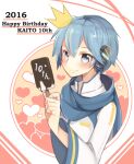  1boy 2016 bangs blue_eyes blue_hair blush character_name chuuko_anpu coat crown food happy_birthday headphones heart high_collar highres holding_ice_cream kaito_(vocaloid) long_sleeves male_focus mini_crown popsicle scarf short_hair smile solo vocaloid wide_sleeves 