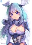 1girl blue_eyes blue_hair breasts chinchongcha cleavage highres large_breasts long_hair looking_at_viewer melia_antiqua smile solo watermark wings xenoblade_chronicles_(series) xenoblade_chronicles_3 