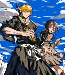  1boy 1girl black_hair black_hakama black_kimono bleach breasts brown_eyes clenched_teeth grey_jacket grey_skirt hair_between_eyes hakama highres holding holding_phone jacket japanese_clothes katana kimono kuchiki_rukia kurosaki_ichigo long_hair looking_at_viewer looking_back orange_hair outdoors phone pleated_skirt purple_eyes school_uniform short_hair skirt small_breasts spiked_hair sword teeth weapon weapon_on_back xi_luo_an_ya 