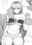  1boy 1girl ? absurdres bare_shoulders belt blush breast_grab breasts choker code_vein couch earrings facial_hair grabbing greyscale groping half-closed_eyes hand_up hetero highleg highleg_panties highres holding_another&#039;s_wrist jewelry large_breasts midriff monochrome mustache navel on_couch open_mouth original panties parted_lips revian_samuel_dani short_hair shorts sitting smile strapless sweatdrop thighhighs tube_top underboob underwear 