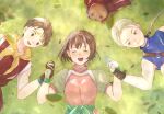  1girl 3boys breasts brown_eyes brown_hair cape circlet closed_eyes closed_mouth cloud gensou_suikoden gensou_suikoden_ii gloves hairband highres jowy_atreides-blight korunosabu looking_at_viewer mukumuku multiple_boys nanami_(suikoden) open_mouth riou_(gensou_suikoden) shirt short_hair smile 