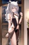  ai-generated armpit_peek artist_request bare_shoulders blush breasts clothes_lift dress grey_hair hololive hololive_indonesia indoors jewelry looking_at_viewer medium_breasts medium_hair navel sideboob skirt standing vestia_zeta wavy_hair window 