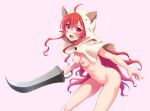  1girl ahoge animal_ears animal_hood bangs blush breasts cape capelet cat_ears cat_hood eris_greyrat fake_animal_ears floating_hair hair_between_eyes harukaze_soyogu highres holding holding_sword holding_weapon hood hooded_capelet long_hair mushoku_tensei navel nipples nude open_mouth pink_background red_eyes red_hair shiny shiny_hair small_breasts solo standing sword very_long_hair wavy_mouth weapon white_cape 
