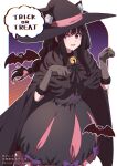  1girl :d animal_ear_fluff animal_ears aoi_suzu bangs bat_(animal) bell black_cape black_dress black_hair bow braid braided_ponytail cape cat_ears dress elbow_gloves fake_animal_ears gloves grey_gloves hair_bow halloween halloween_costume hat highres inoue_takina looking_at_viewer lycoris_recoil neck_bell official_alternate_costume open_mouth paw_pose pink_bow purple_bow purple_eyes smile solo twitter_username witch witch_hat 