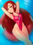  1girl bangs breasts brown_eyes closed_mouth crossed_legs earrings english_commentary freckles gravity_falls highleg highleg_swimsuit highres jewelry lifebuoy lifeguard long_hair loodncrood looking_at_viewer lying medium_breasts official_alternate_costume on_back one-piece_swimsuit pool red_hair red_one-piece_swimsuit smile solo swept_bangs swimsuit water wendy_corduroy whistle whistle_around_neck 