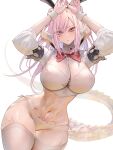  1girl absurdres animal_ears au_ra avatar_(ff14) bikini bow bowtie breasts bunny_pose closed_mouth detached_collar final_fantasy final_fantasy_xiv highres large_breasts looking_at_viewer navel nemo_ace3 nontraditional_playboy_bunny pink_eyes pink_hair rabbit_ears red_bow red_bowtie simple_background swimsuit thighhighs thighs toned white_background white_bikini wrist_cuffs 