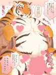  &lt;3 2020 5_fingers anthro belly big_pecs black_stripes blush bodily_fluids censored censored_nipples censored_penis chest_tuft clothed clothing countershading dialogue felid fingers fur giraffe_(artist) hi_res japanese_text lam-chan looking_down_at_self male mammal motion_lines musclegut muscular muscular_anthro muscular_male offscreen_character open_clothing open_topwear orange_body orange_fur overweight overweight_anthro overweight_male pantherine pecs pink_nose simple_background sitting solo speech_bubble stripes sweat sweatdrop text tiger topwear translation_request tuft whiskers yellow_eyes 